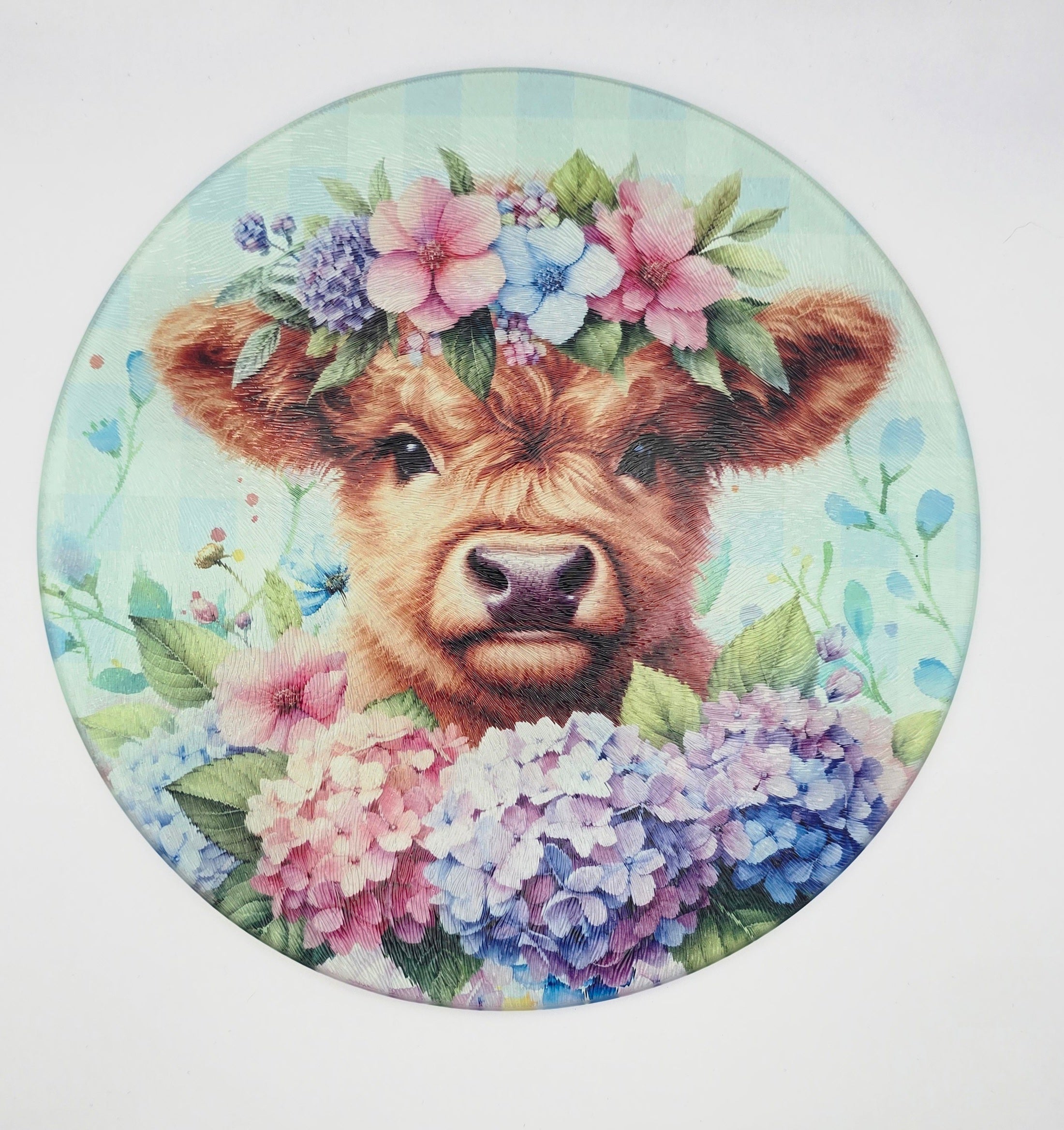 Hydrangea Highland Cow Textured Glass Cutting Board
