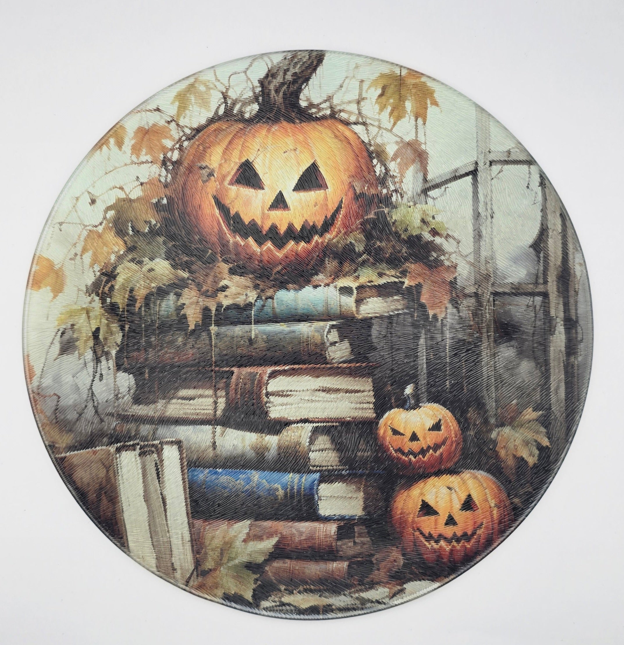 Pumpkin and Books Textured Glass Cutting Board