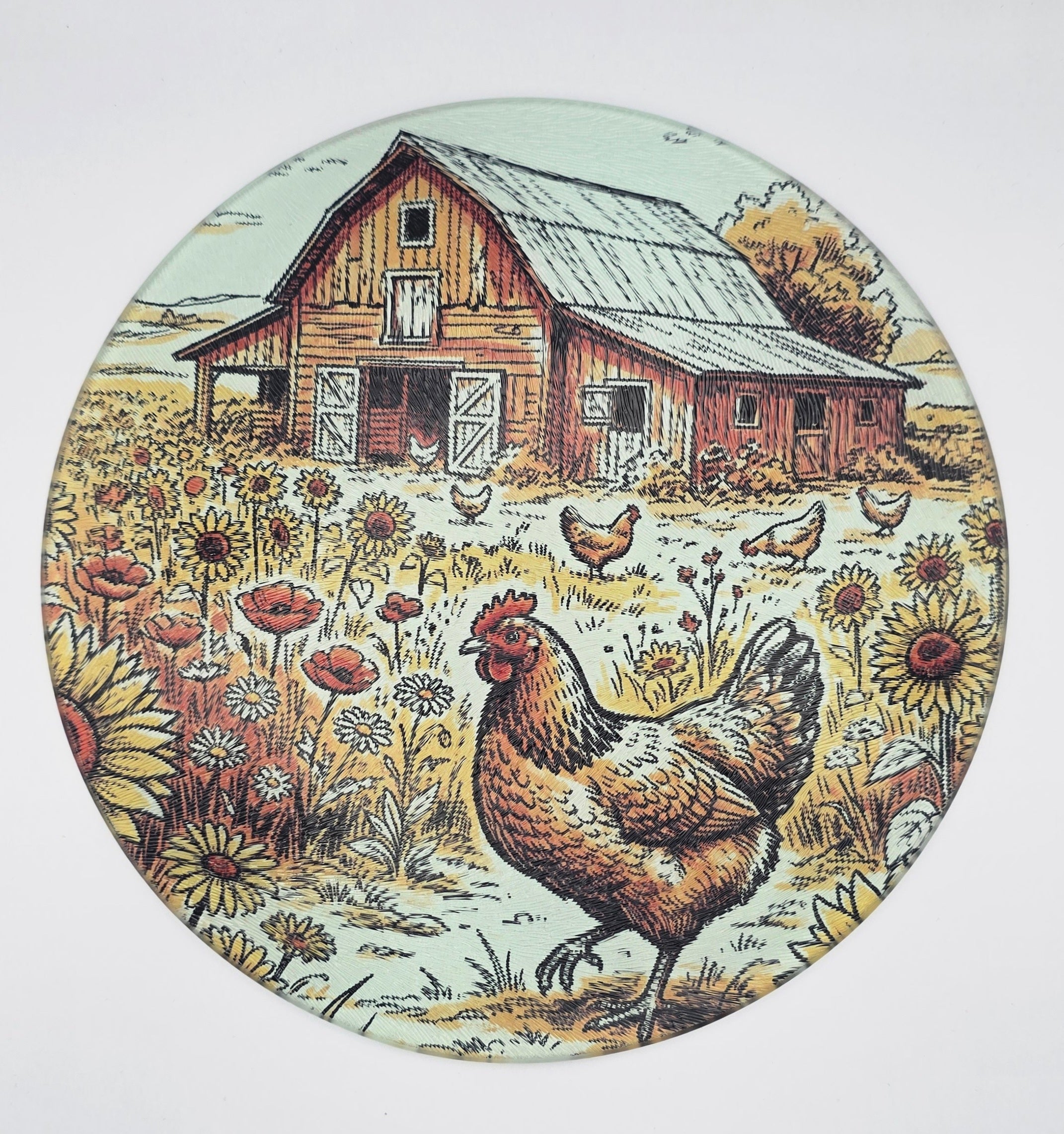 Watercolor Farm Scene Textured Glass Cutting Board