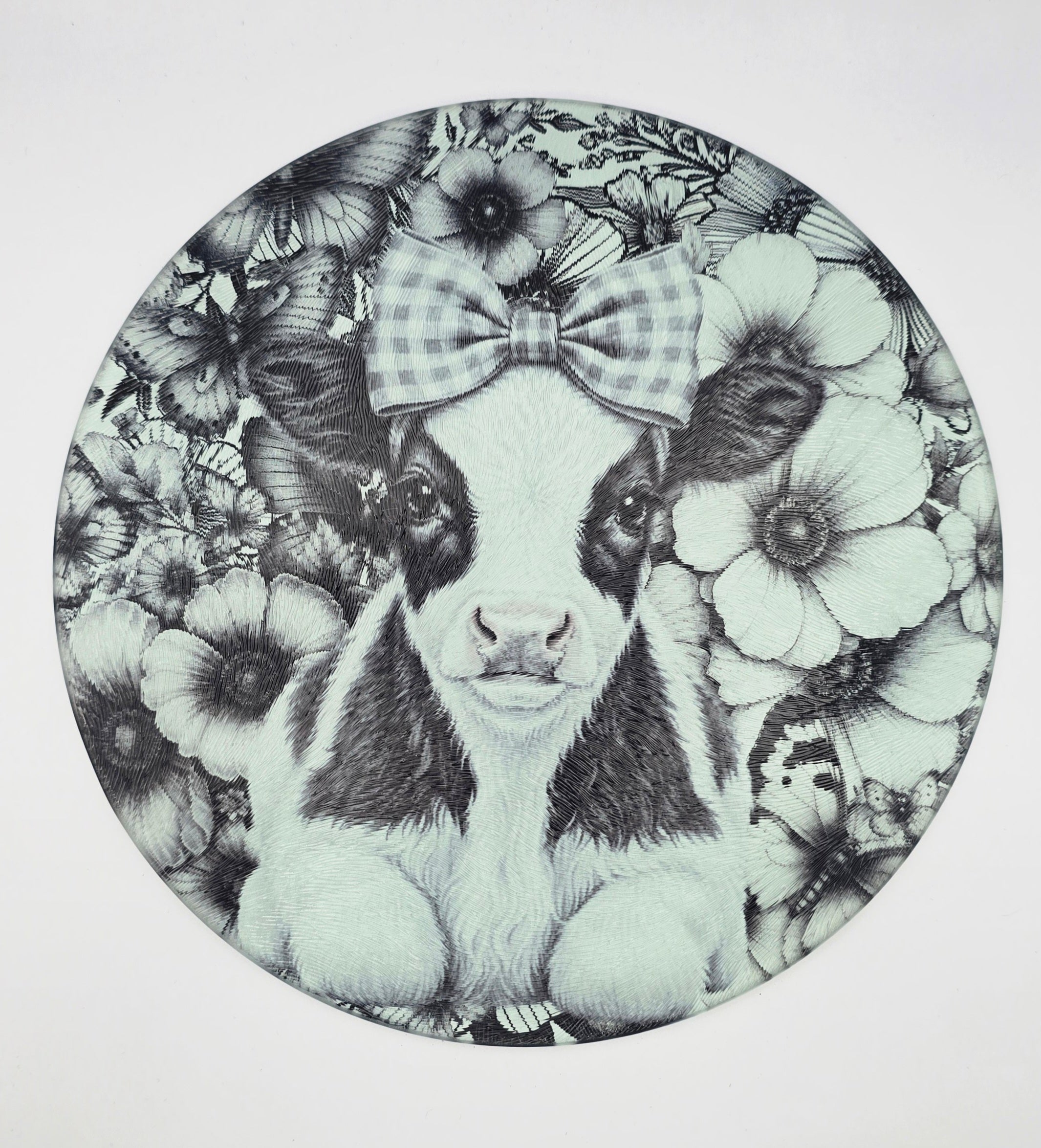 Black and White Floral Cow Textured Glass Cutting Board