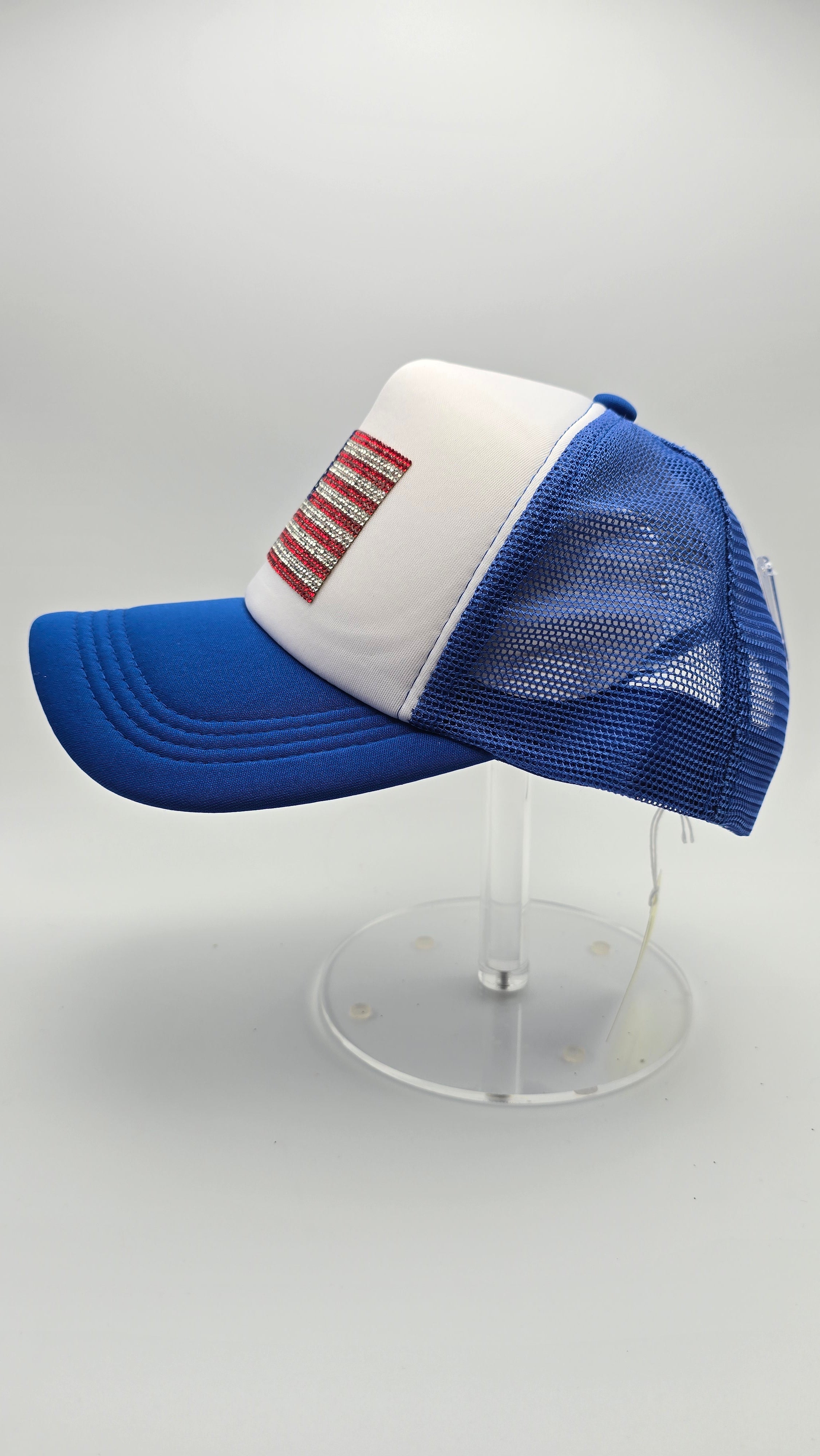 Mesh Trucker Hat with American Flag Rhinestone Patch