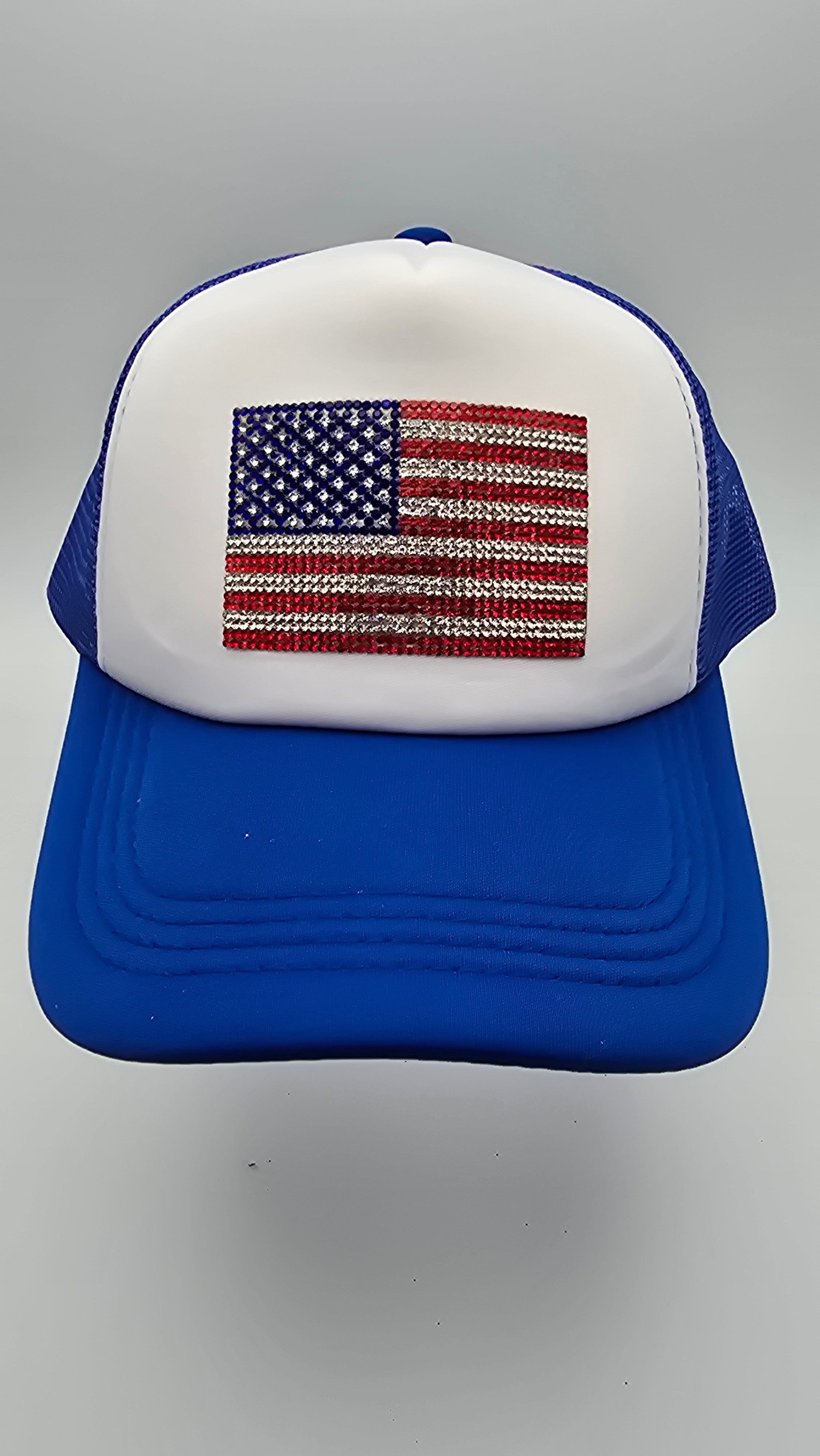 Mesh Trucker Hat with American Flag Rhinestone Patch