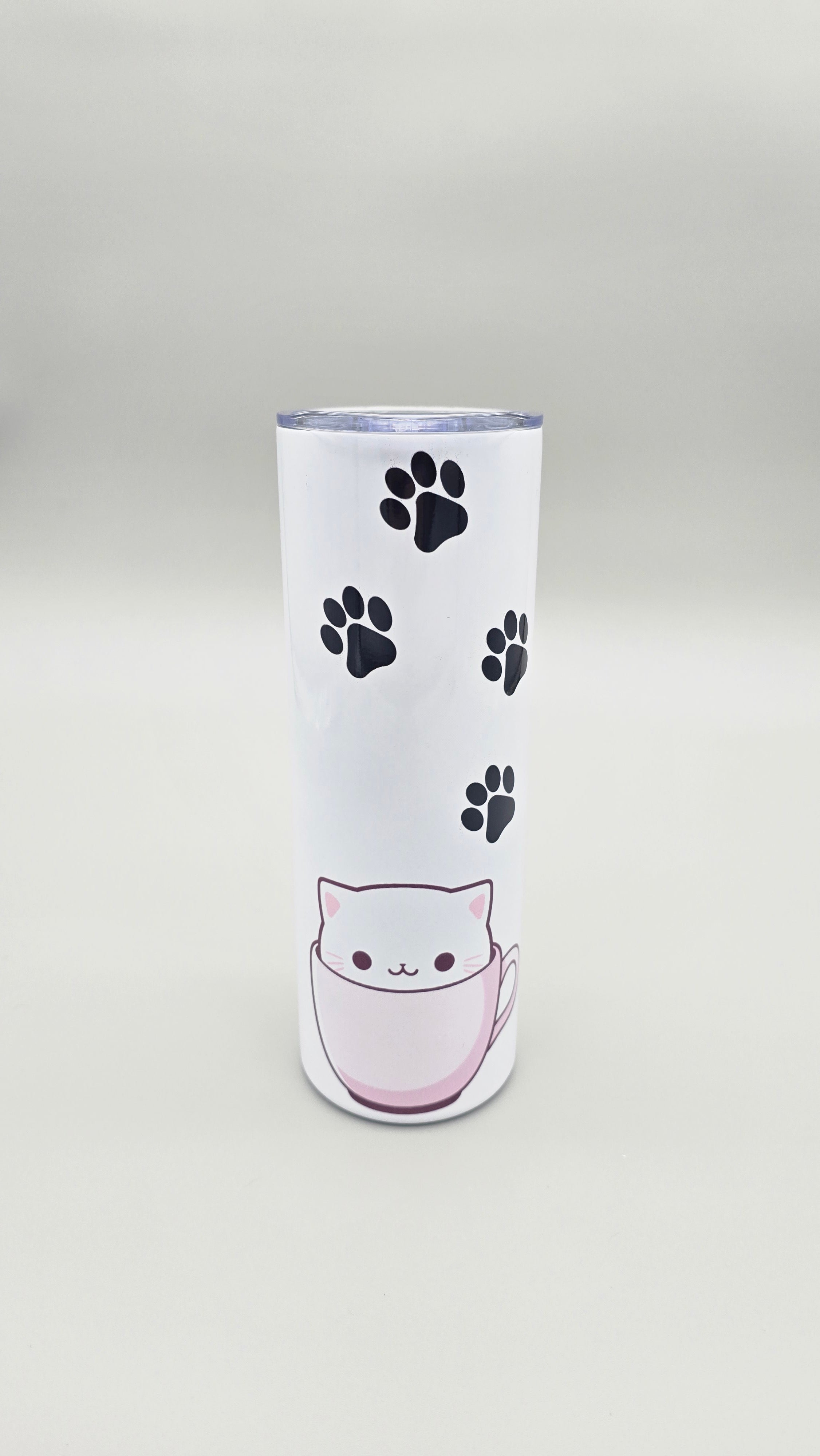 Cat in Pink Cup Paw Prints 20oz Straight Skinny Tumbler