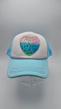 Rainbow Glitter Heart Mesh Trucker Hat