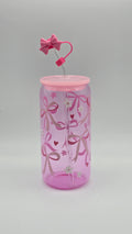 Pink Bows Glass Cup With Straw