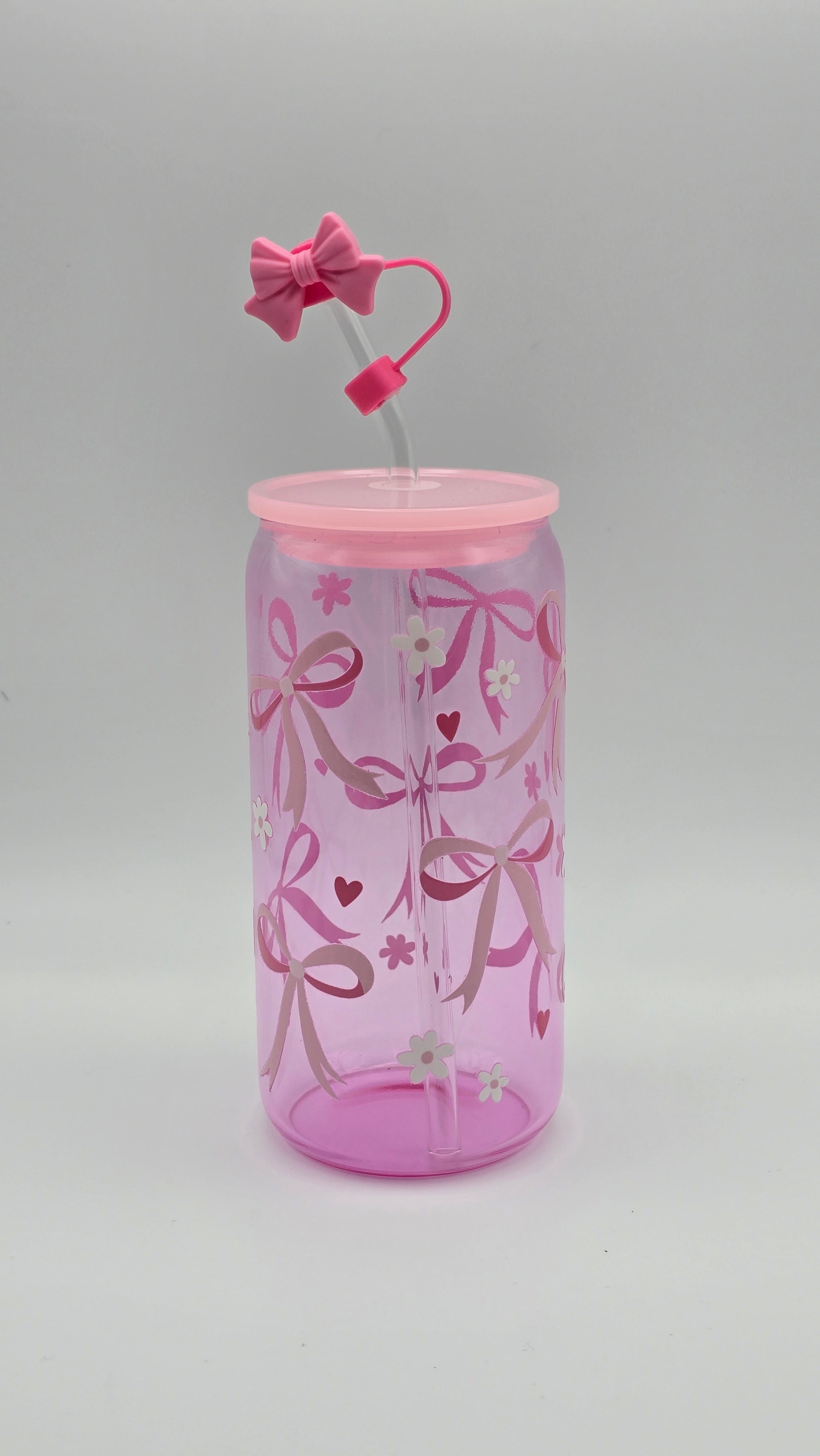 Pink Bows Glass Cup With Straw