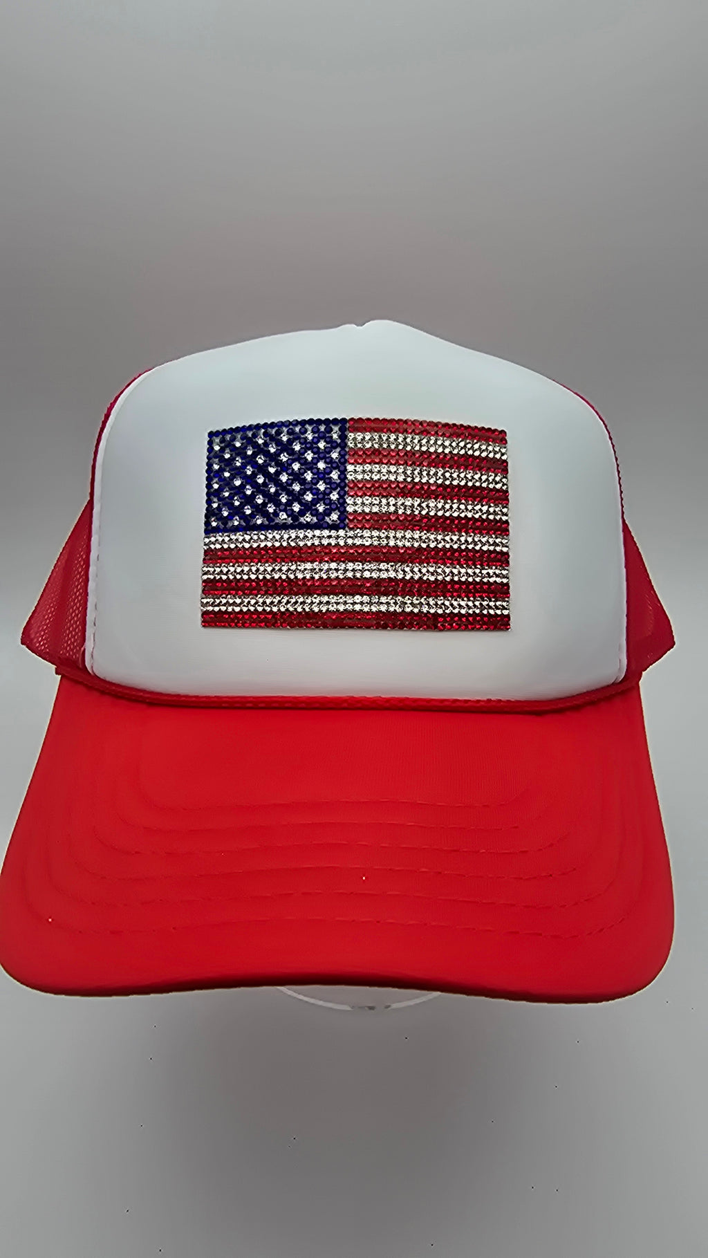 Mesh Trucker Hat with American Flag Rhinestone Patch