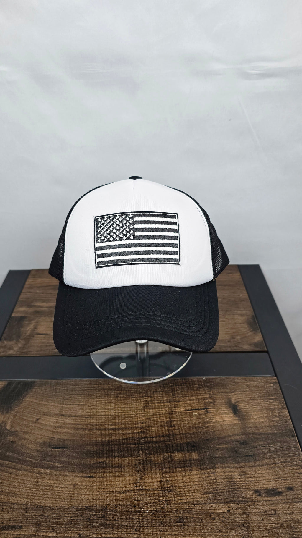 Black and White American Flag Mesh Trucker Hat